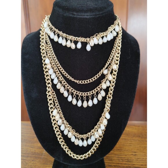 Five Tier Goldtone White Beaded Necklace - Picture 1 of 5